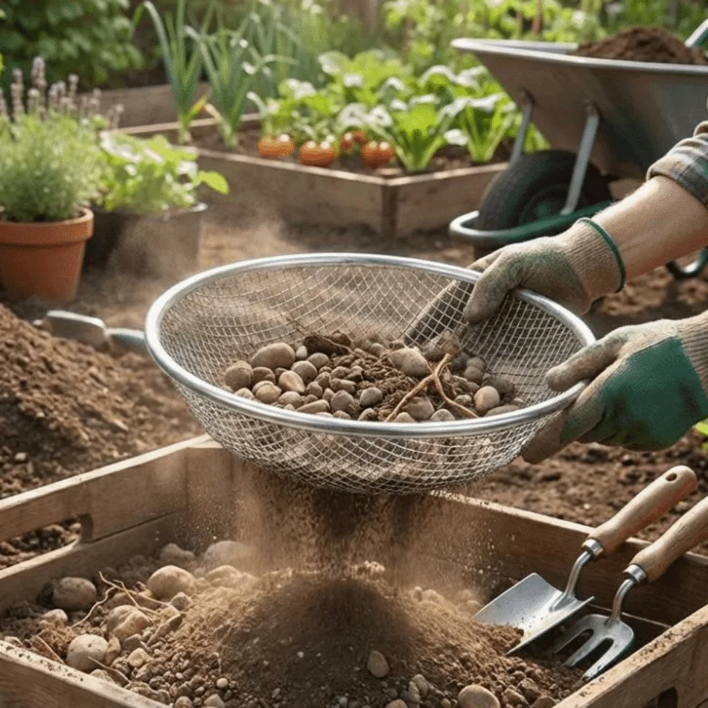 Garden Sieve Soil - ตะแกรงกรองดินขนาด 4/6/8 มม. ตะกร้าตาข่ายกรองดิน โลหะทนสนิม อุปกรณ์กรองดินแบบหนัก