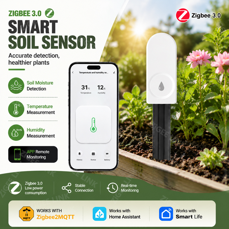 Moisture Meter Plant - เครื่องวัดความชื้นในดินแบบไร้สาย Zigbee3.0 เซ็นเซอร์วัดความชื้น อุณหภูมิอากาศ และความชื้นในดิน อุปกรณ์ช่วยรดน้ำอัจฉริยะสำหรับสนามหญ้า