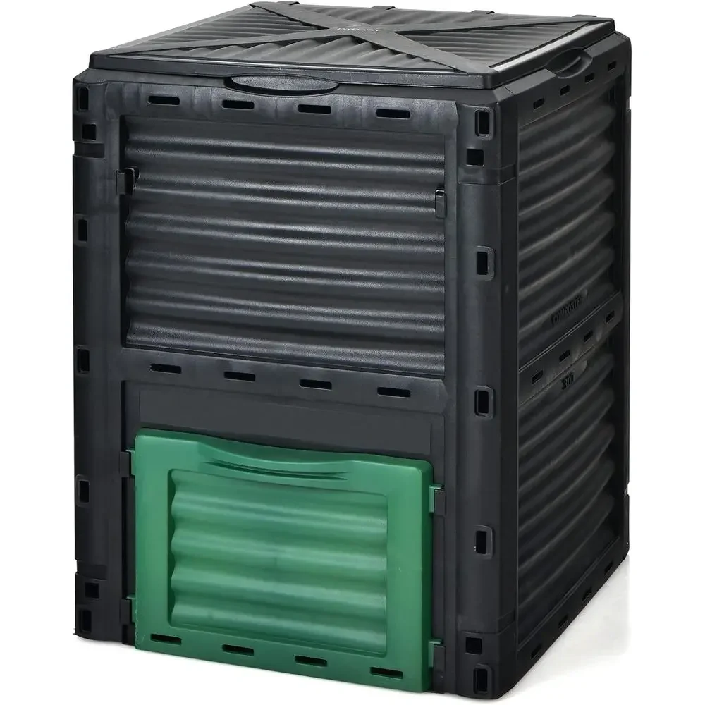 Compost Bin - ถังหมักปุ๋ยกลางแจ้งขนาด 80 แกลลอน พร้อมฝาปิดและประตูด้านล่าง - ความจุขนาดใหญ่,