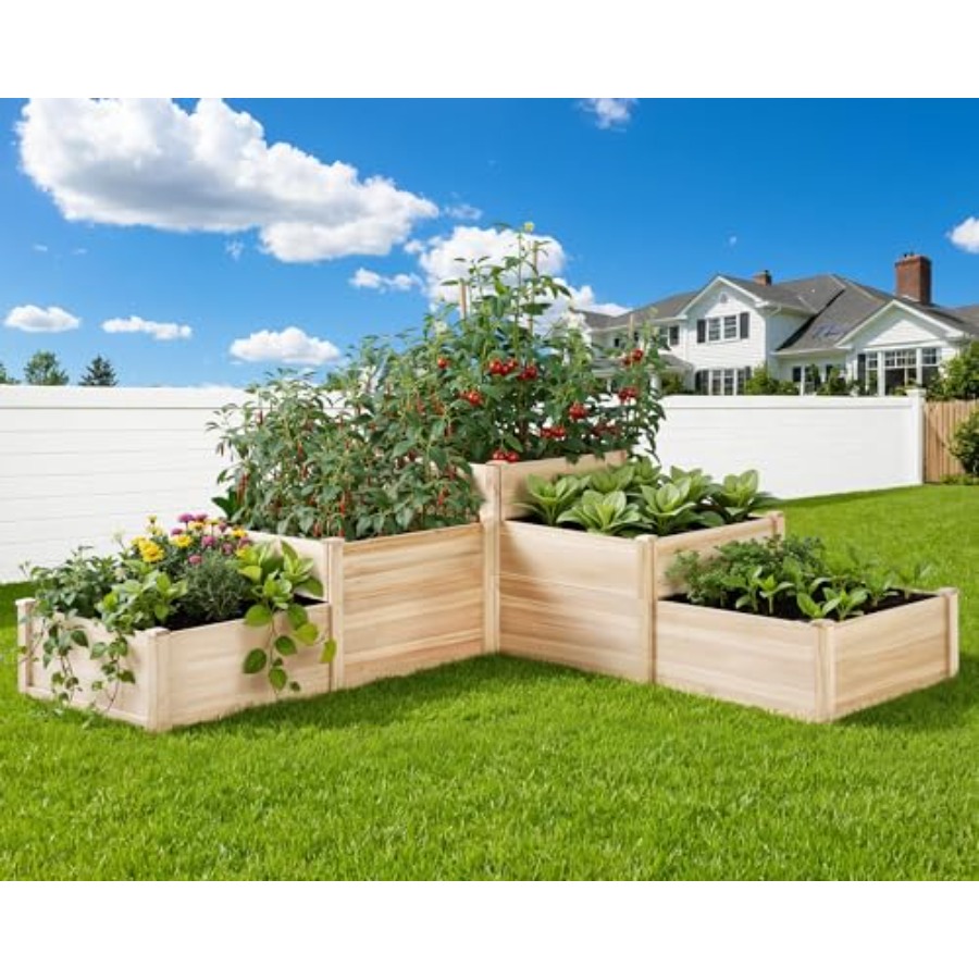 Gardening Tools Wooden - กระบะปลูกต้นไม้กลางแจ้งแบบยกสูง 3 ชั้น ทำจากไม้เฟอร์ พร้อมแผ่นกั้น ปรับรูปทรงได้