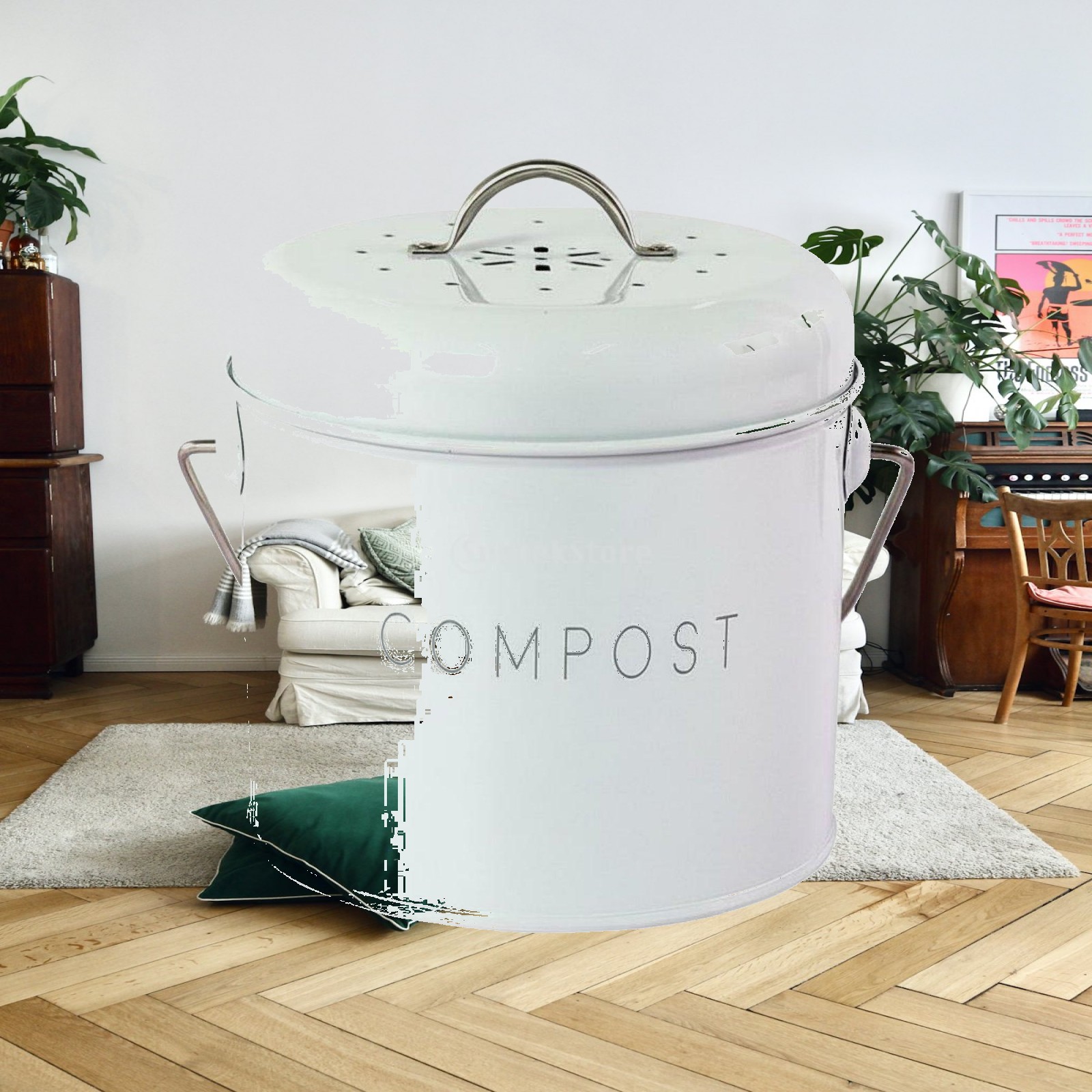Compost Bin - ถังขยะตั้งโต๊ะสำหรับห้องครัว ถังหมักปุ๋ยขนาดกะทัดรัดพร้อมฝาปิด ภาชนะใส่ขยะแบบพกพาสำหรับการหมักปุ๋ยและเก็บกวาดของเสียจากสัตว์เลี้ยง