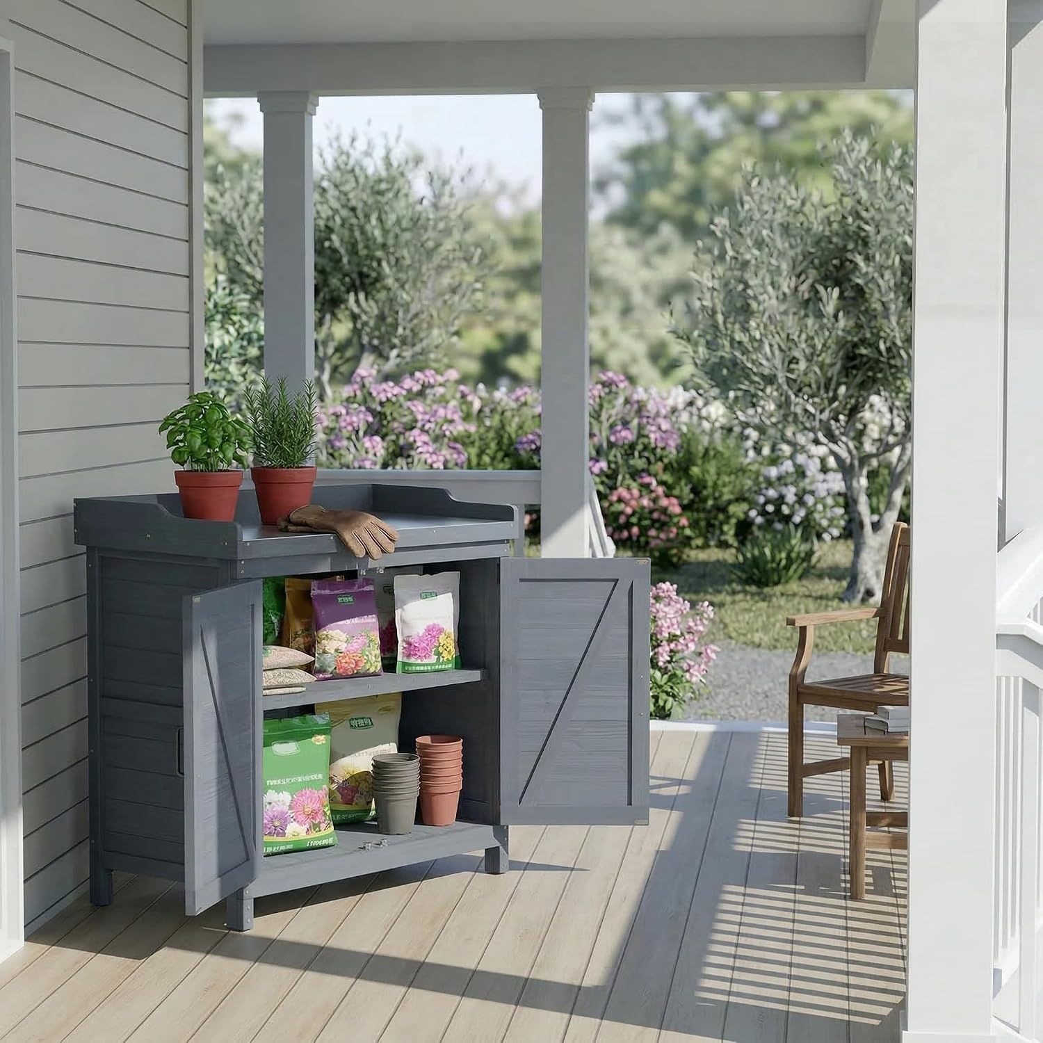 ตู้เก็บของกลางแจ้งพร้อมโต๊ะทำง - Gardening Tools And Accessories บทวิจารณ์และราคา